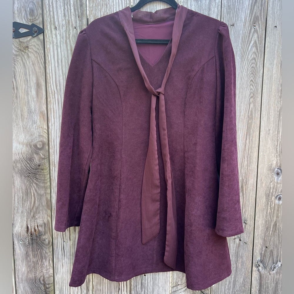 CIDER Burgundy Mini Dress Tunic with V Neck and Tie Women’s Large NWT NEW